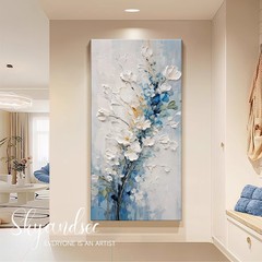 纯手绘花卉油画现代奶油风入户玄关画装饰画蓝色厚肌理挂画高级感