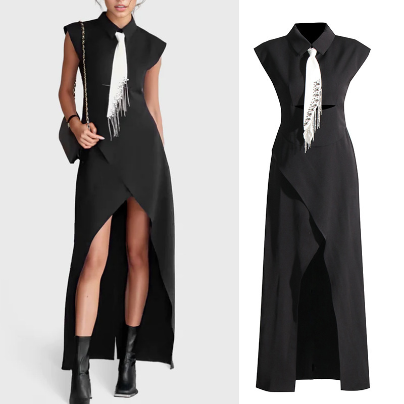 2026 Spring New Fashion High Street Style Lapel Flutter Sleeve Tie Design Rhinestone Slit Dress for Women