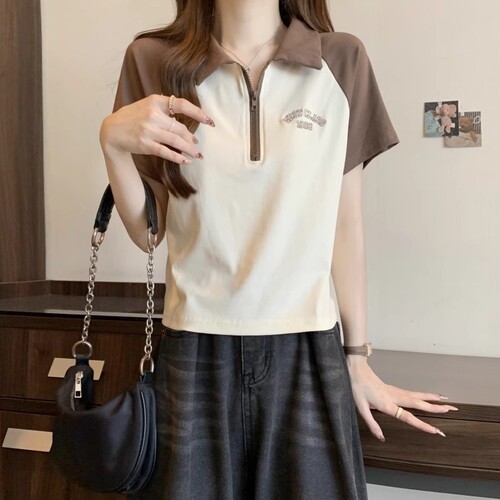New Colorblock Shoulder-Strap Short-Sleeve Polo Collar T-Shirt for Women - Summer American Retro Hot Girl Short Top High-Waisted Top for Slimming