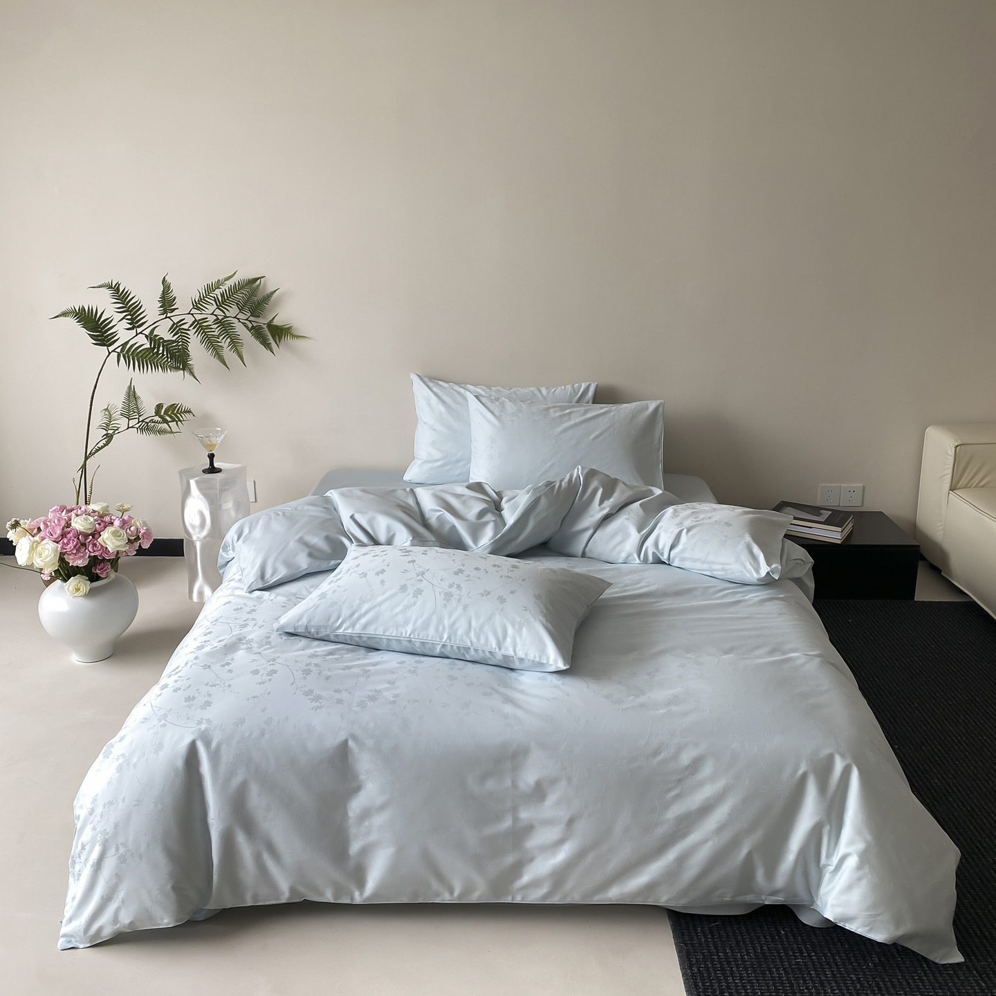 Juego de cama de cuatro piezas de algodón de fibra larga satinado 100S de alta gama, juego de cuatro piezas de algodón puro jacquard, funda nórdica, sábana ajustable