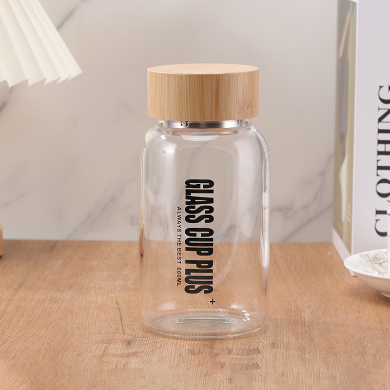 外貿單層玻璃杯竹木蓋高硼硅大容量戶外泡茶水杯印字玻璃茶杯批發