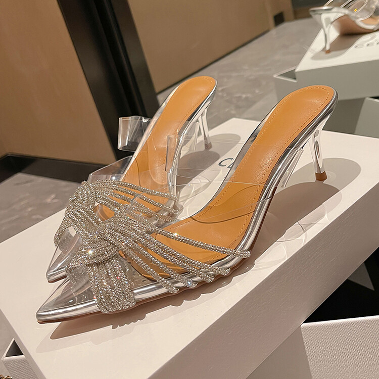 Fashionable mesh sandals with rhinestones pointed-toe for events…