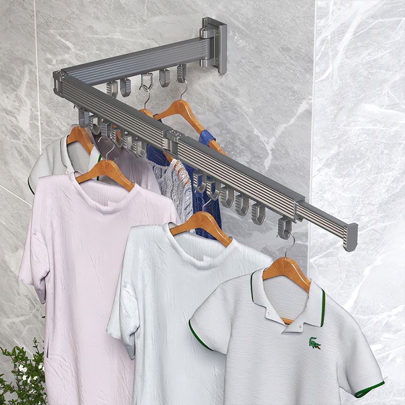 Transfronterizo espacio de aluminio plegable percha de ropa sin perforación doble balcón invisible percha de ropa retráctil colgada en la pared barra de ropa image 4