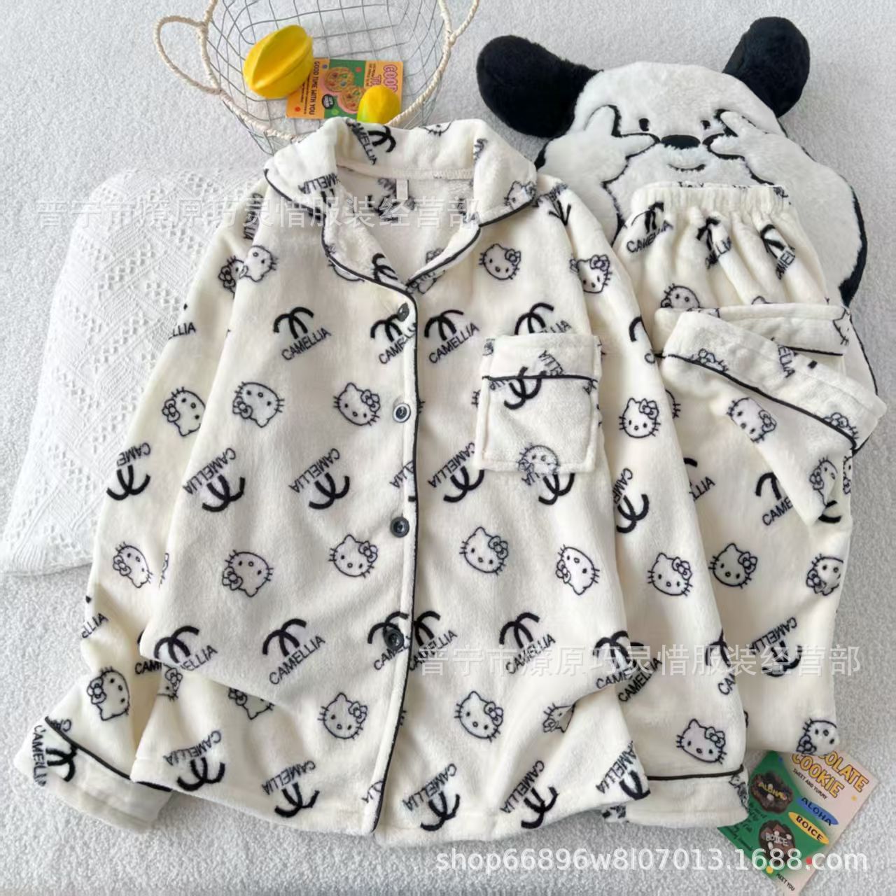 Franela otoño y invierno nueva linda niña caliente y gruesa dulce kitty gato suelto conjunto de pijamas se puede usar fuera