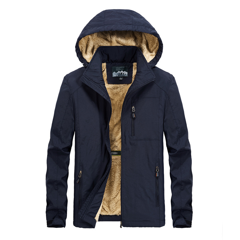 2026 New Autumn and Winter Men's Fleece-Lined Thickened Hooded Jacket with Multiple Pockets and Detachable Hood, Windproof