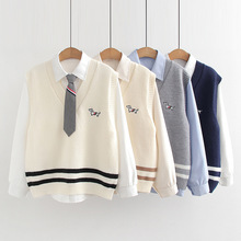 8605-8 甜美小清新刺绣狗针织衫马甲衬衫领带三件套装