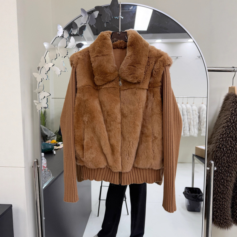 2026 New Model Imported Whole Leather Rex Rabbit Fur Coat with Knitted Sleeves, Faux Two-Piece Slimming Fur Coat 2026 New Model Imported Whole Leather Rex Rabbit Fur Coat with Knitted Sleeves, Faux Two-Piece Slimming Fur Coat