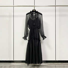 24夏季新品顺纡绉雪纺法式黑色连衣裙长裙附衬裙两件套长袖GZ2461