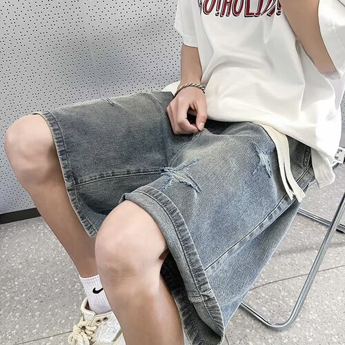 Pierced denim shorts, men's American retro high street vibe pants, summer quarter pants, straight loose casual mid-pants