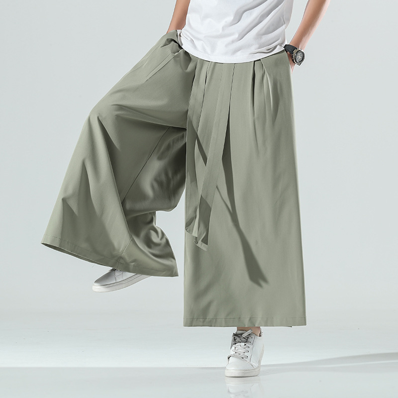 Chinese Style Summer Thin Men's Loose Ice Silk Large Pants Wide Leg Pants Large Size Solid Color Casual Harlan Flared Pants