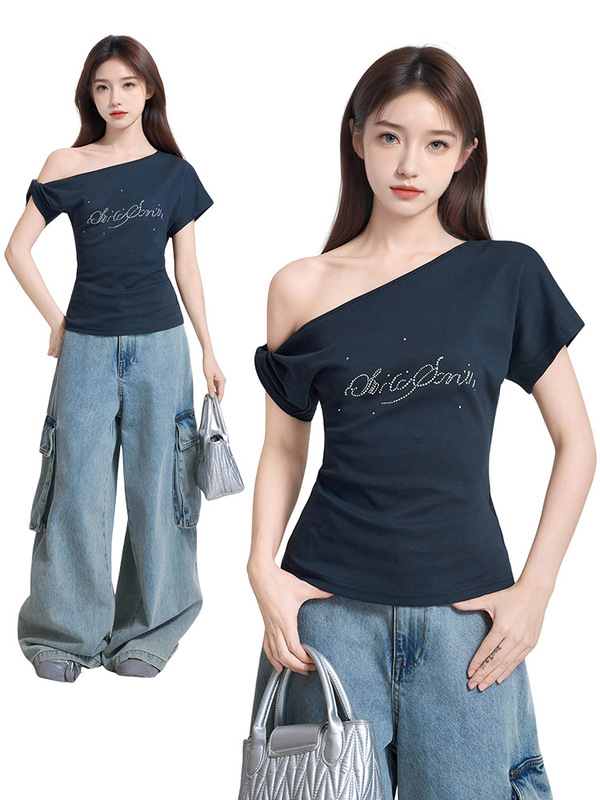 アメリカンネイビーブルー オフショルダー ワンショルダー 半袖 Tシャツ レディース 夏 オフショルダー スリム ショート タイト フロントショルダー トップ|undefined