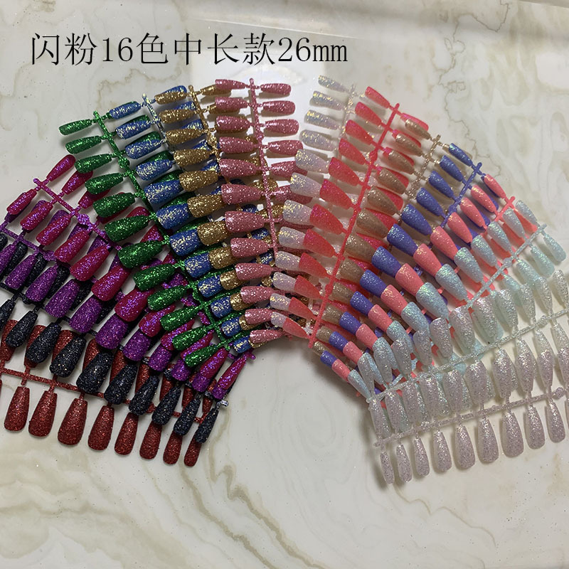Factory Direct Sales European and American cross-border nail slice glitter powder mid-length coffin nail glitter fake nail strip finished product Factory Direct Sales European and American cross-border nail slice glitter powder mid-length coffin nail glitter fake nail strip finished product