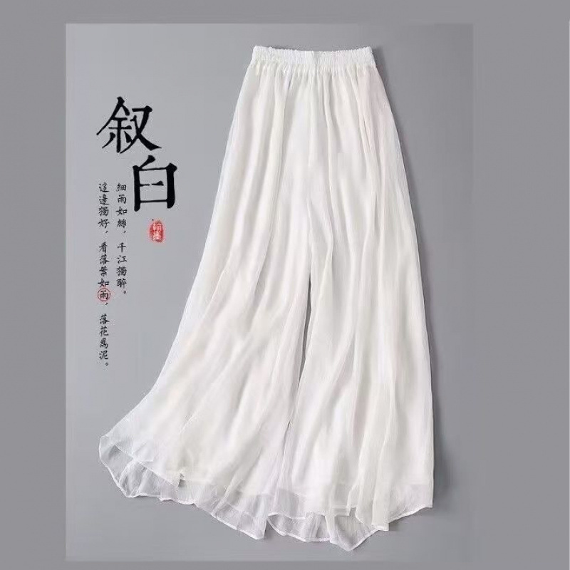 New Chinese-Style Chiffon Pants for Women, Double-Layered, Loose-Fitting, Slimming, Casual Wide-Leg Skirt Pants, with a Draped Feel, Suitable for Summer