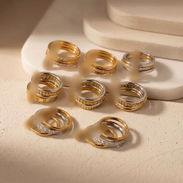 Titanium steel multi-layer stackable rings, detachable gold and silver color combination diamond rings, accessories for daily wear