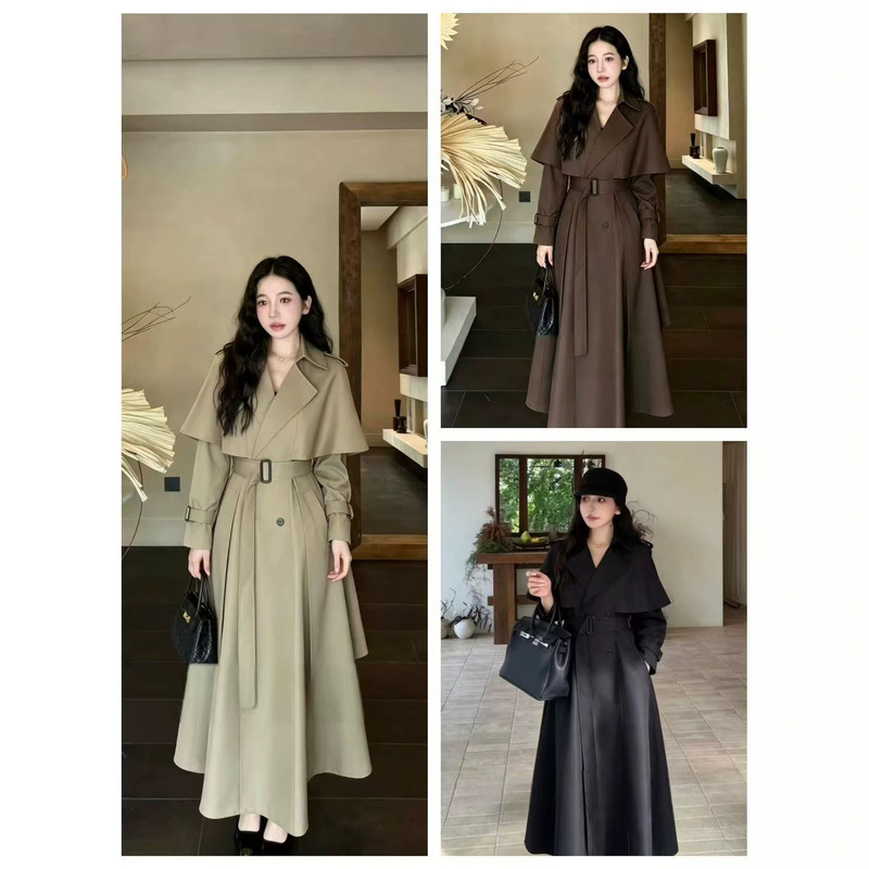 2026 Autumn New British Style Women's French Long Double-Breasted Waist-Cinching Trench Coat