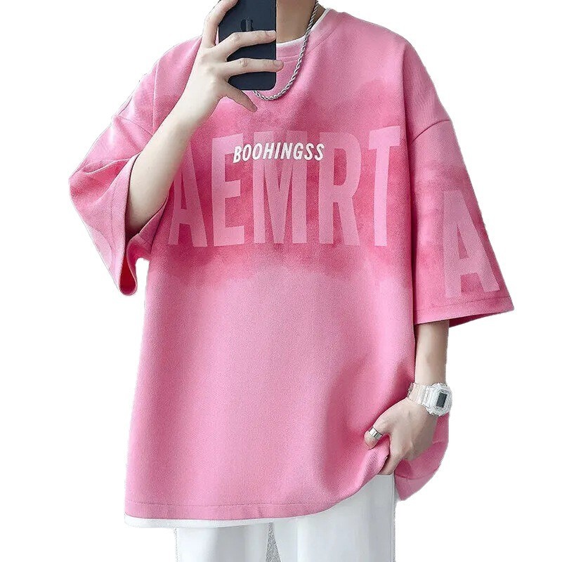 偽ツーピースアイスシルク半袖Tシャツメンズ2025夏トレンディブランドルーズで多用途なルーズラウンドネック半袖Tシャツ|undefined