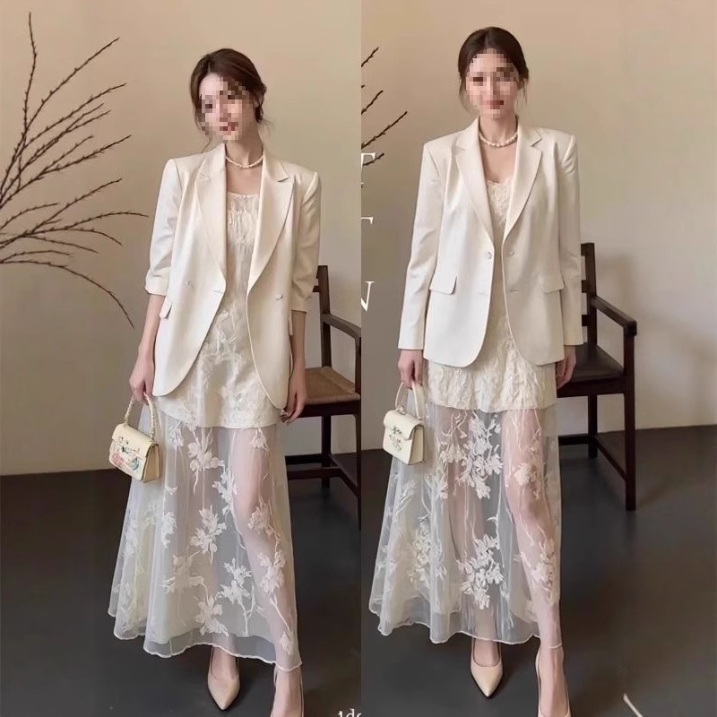 春装搭配一整套大码胖mm气质高级感通勤西装外套蕾丝吊带裙套装女|undefined