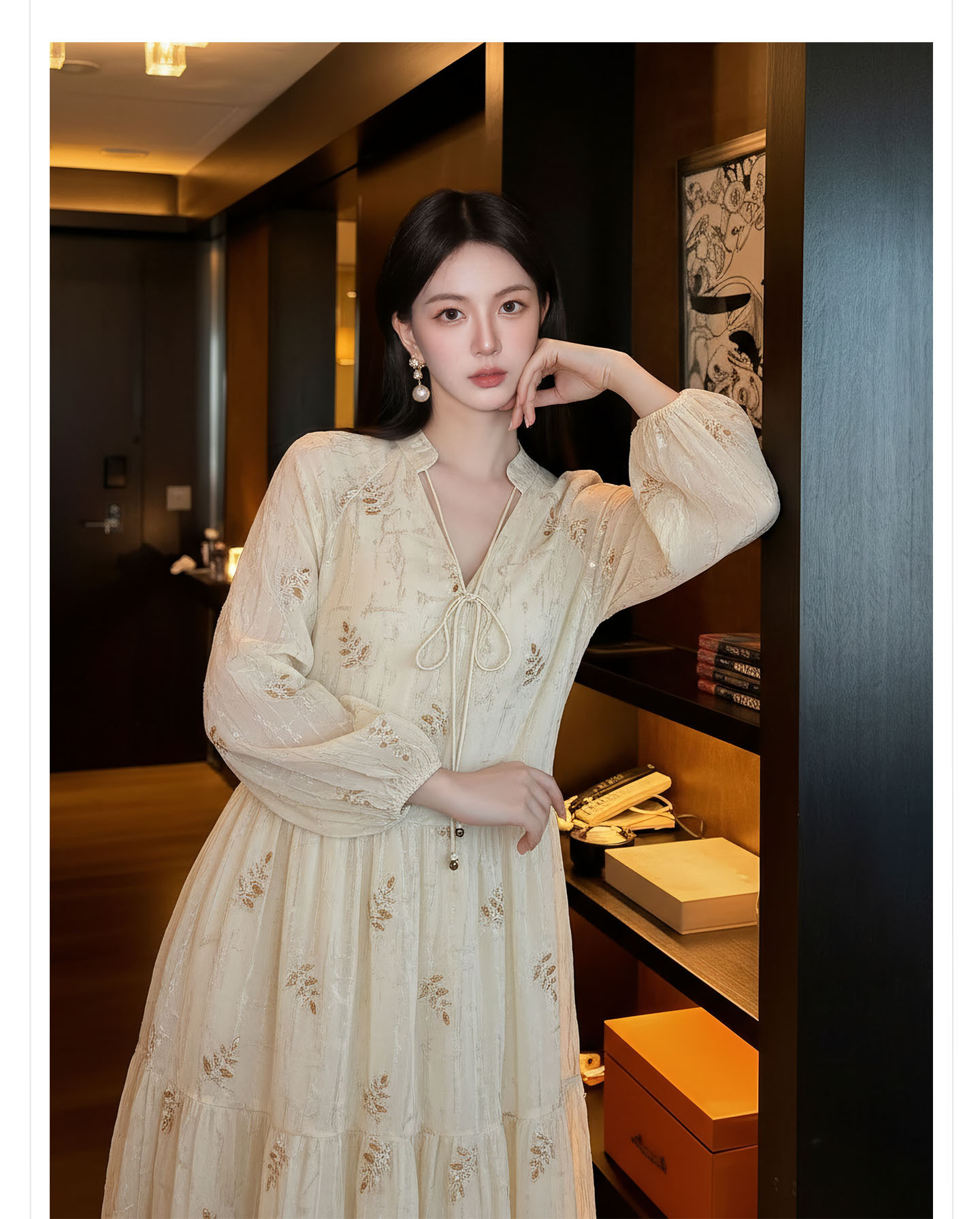 Đầm maxi nữ tay dài thiết kế eo thon phong cách tiểu thư sang trọng — màu mơ chi tiết 6