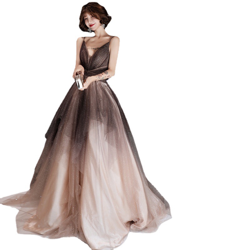 Vestido de noche para mujer 2025, nuevo vestido largo elegante con tirantes y diseño sin espalda para anfitriona de banquete