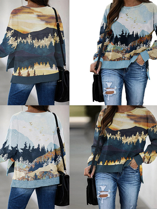 Europa y los Estados Unidos comercio exterior nuevo paisaje impresa camiseta de manga larga camiseta de invierno de otoño de Navidad camiseta de cuello redondo al por mayor