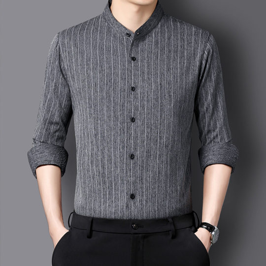 Men's Casual Long-sleeved Shirt Non-ironing Elastic Business Middle-aged Dad Clothes Loose Collar Striped Shirt Men's Cardigan