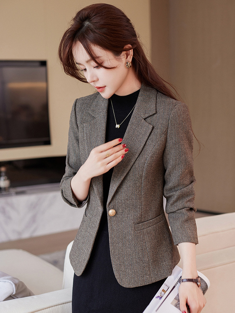 Grey Woolen Small Suit Jacket Cross-border Autumn New Style Small Elegant Women's Slim-fit Short Suit Top