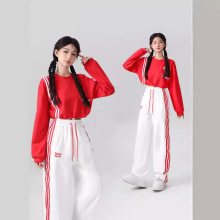 韩国女团啦啦队团队红色长袖卫衣百褶裙秋季新款表演出服运动会套