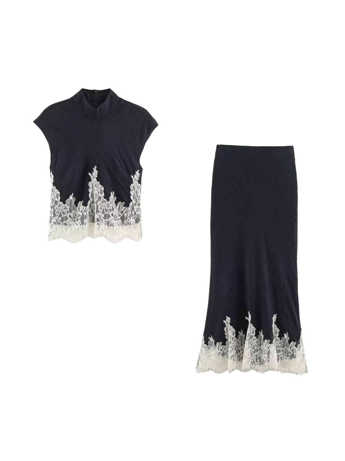 MYST&ZA short-sleeved stand-up collar ruched patchwork crop top 8741265 + elastic waist skirt 8741266
