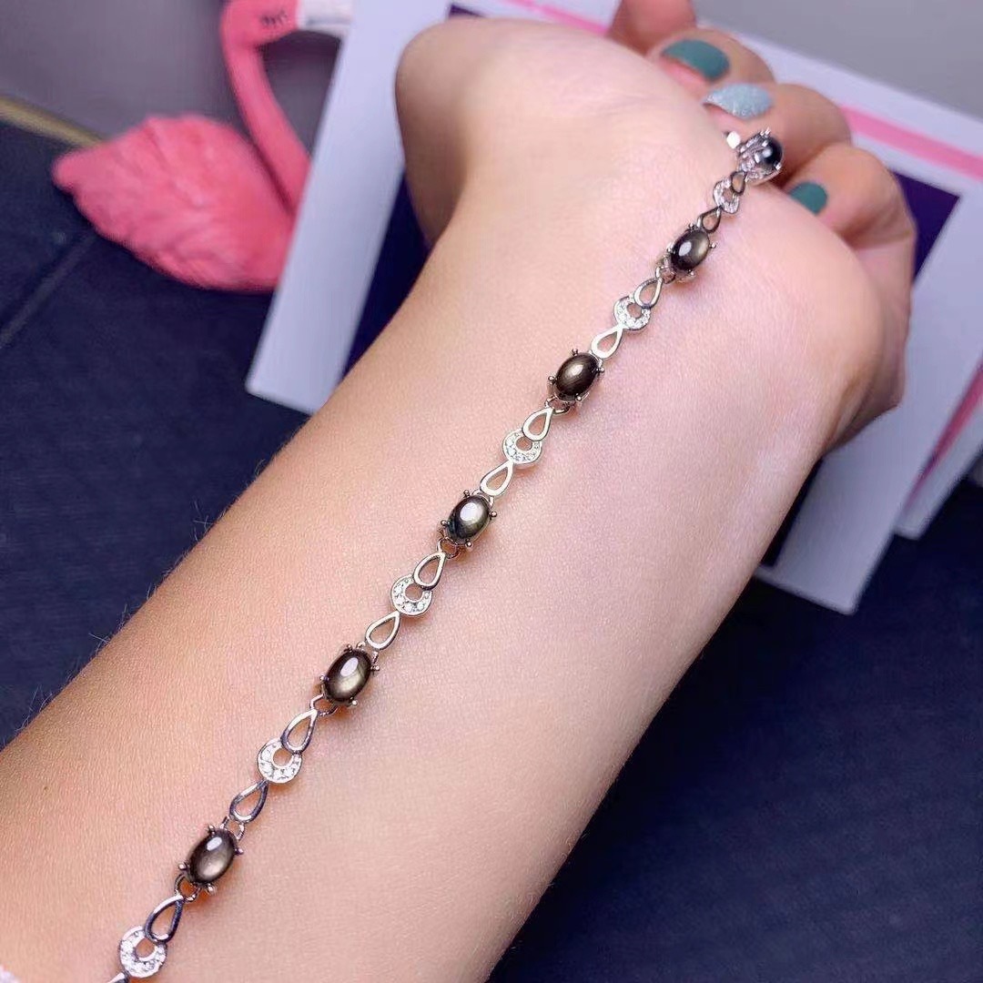 彩宝首饰925银镶嵌天然星光蓝宝石手链小尺寸多粒简单女支持检测