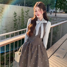 秋季新款韩系蝴蝶结修身长袖上衣波点无袖连衣裙套装女