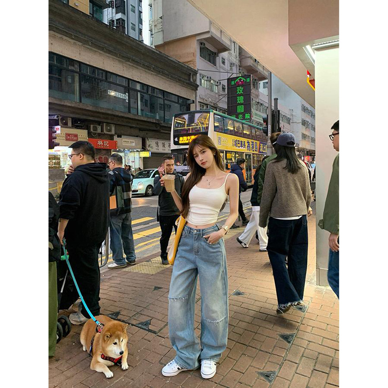 3153 # 張貝ibell長絨綿復古高街感磨かれた高腰広脚ストレートジーンズ女性カジュアル|undefined