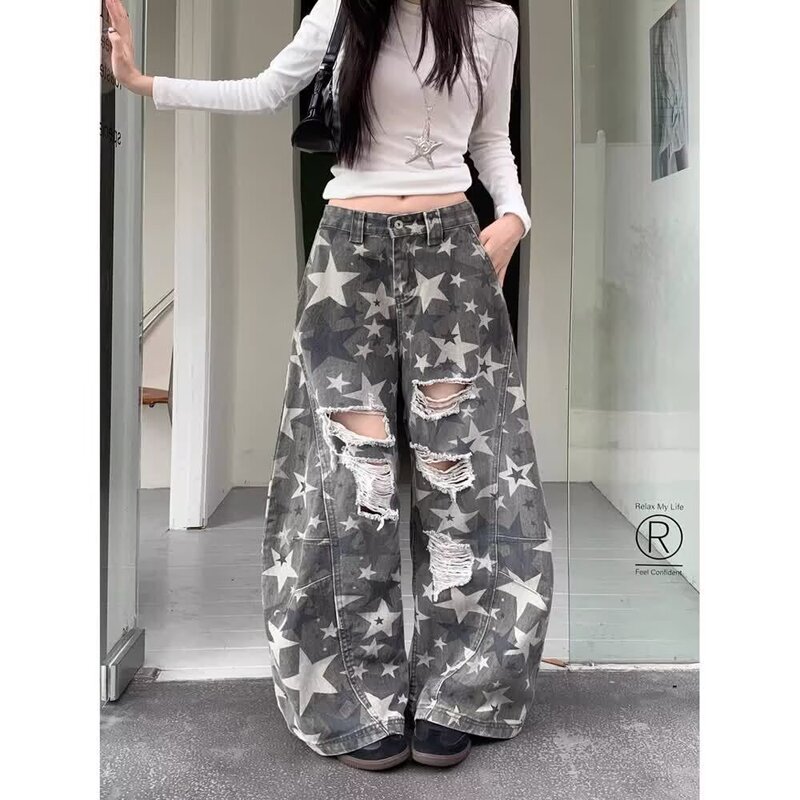 New American Retro Washed Faded Structure Camouflage Scimitar Jeans Boxy Street Loose Wide-Leg Casual Pants