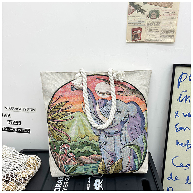 300g Weight Polyester Lining Material Zipper Closure Type Single Shoulder Strap Strap Type Tote Bag Bags Type Holiday, Travel Occasion Canvas Material Elephant Pattern All Seasons Season Women's Gender Ethnic Style, Classic Style Style Square Shape Medium Size Women's Medium Canvas Elephant Ethnic Style Classic Style Square Zipper Tote Bag 22