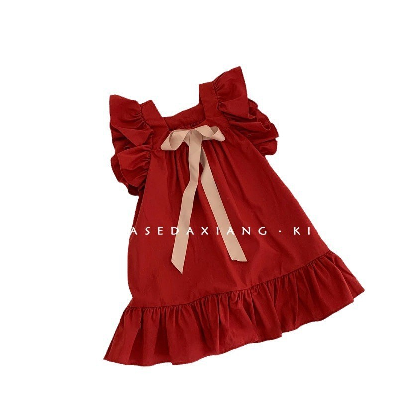 Vestido rojo para niños, nuevo estilo de verano para niñas, falda de estilo occidental, vestido de princesa, dulce bebé de estilo nacional para mujeres