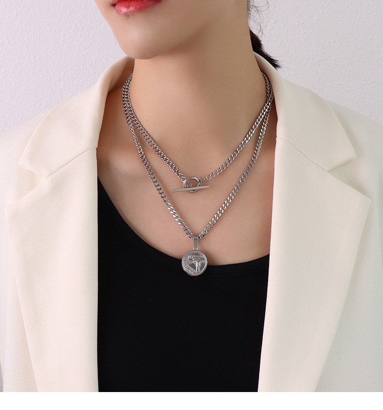 exaggerated thick chain otbuckle round brand gun shape pendant double stacked titanium steel  gold necklace_voghion.com