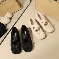 836-32 Women's Hairy Shoes with Butterfly Knot Versatile Inner Height Increase and Velvet Warmth Outer Cotton Shoes Round Head Plush Single Shoes