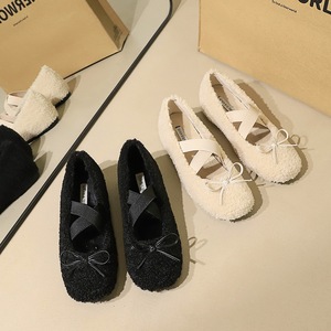 836-32 Women&apos;s Hairy Shoes with Butterfly Knot Versatile Inner Height Increase and Velvet Warmth Outer Cotton Shoes
