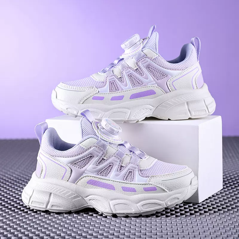 2024新款女童运动鞋皮面防水轻便学生运动鞋网面透气旋转扣童鞋