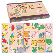 木质儿童动物认知接龙多米诺15骨牌积木拼图宝宝早教玩具批发