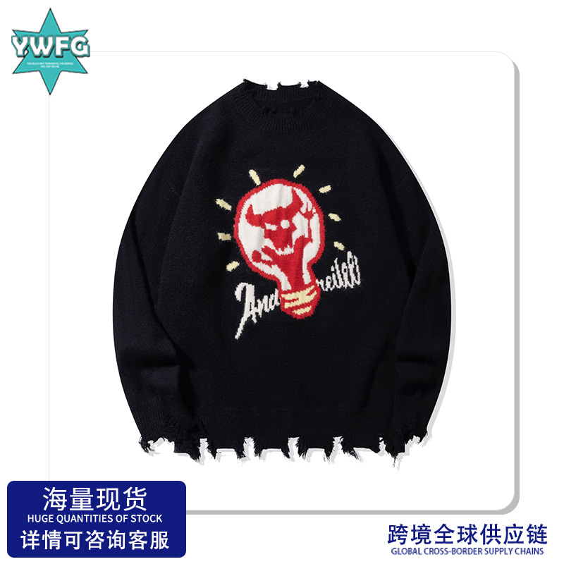 YWFG original estilo de diseño retro estadounidense otoño 2024 pareja alta versátil cuello redondo manga larga suéter de punto