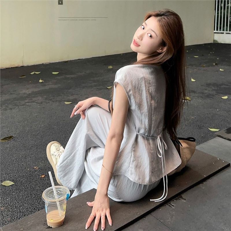 フレンチスタイルのレースアップウエストスリム半袖シャツハイウエストワイドレッグフロアレングスカジュアルパンツレディースサマーファッションスーツ|undefined