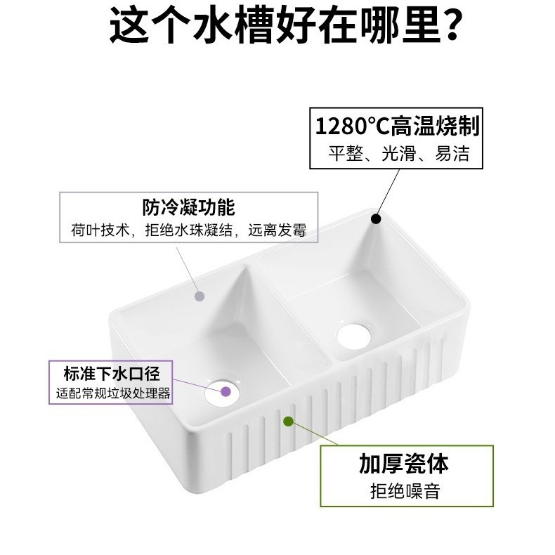 Cocina americana retro fregadero de cerámica de tierra refractaria grande fregadero de un solo tanque blanco versión frontal lavabo empotrado fregadero