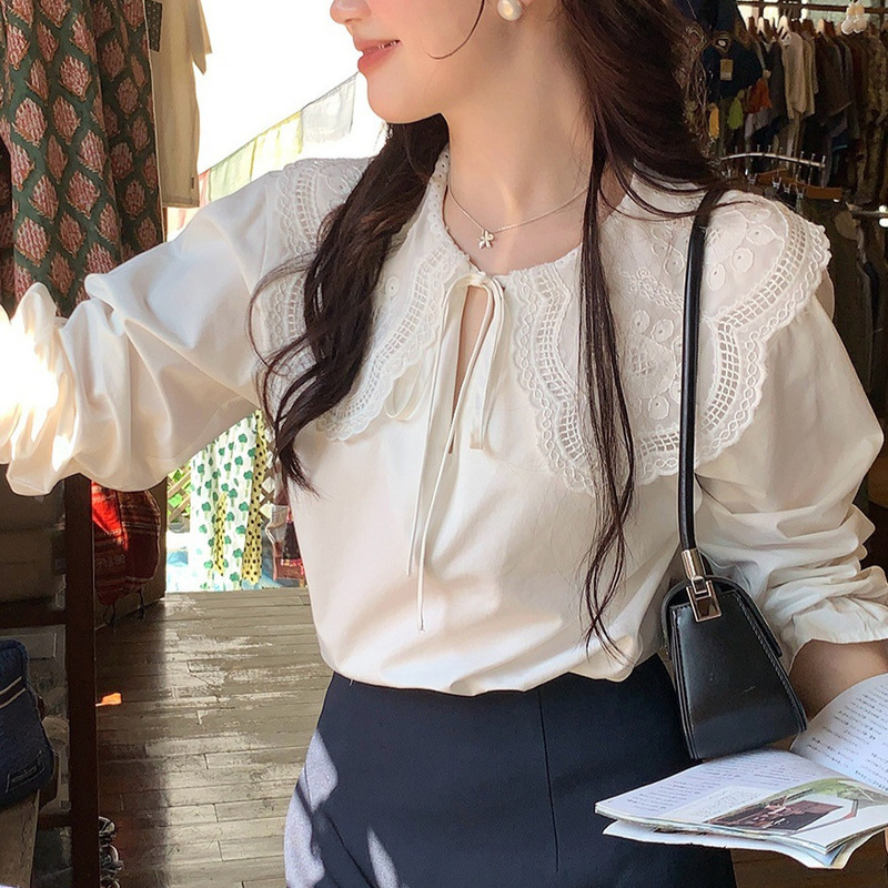 【Gardenia Light Fragrance】Korean-Style Doll Collar Shirt for Women, Long-Sleeve Lace French-Style Blouse, Spring Shirt, 24-Hour Delivery 【Gardenia Light Fragrance】Korean-Style Doll Collar Shirt for Women, Long-Sleeve Lace French-Style Blouse, Spring Shirt, 24-Hour Delivery