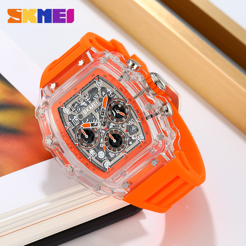 Momento de belleza masculina barril de vino hueco viento mecánico reloj de cuarzo correa de silicona cronógrafo multifuncional reloj de pulsera transfronterizo mayorista