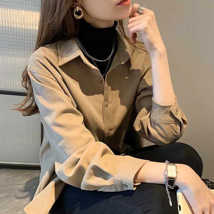 磨毛绒衬衫女秋冬内搭小众复古叠穿风酒红色宽松长袖衬衣外套上衣|undefined