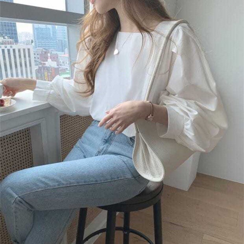 衬衫女韩版简约气质喇叭袖衬衣法款方领宽松纯色内_浅蓝色