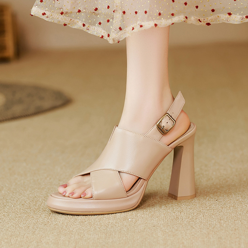 Sandal cao gót nữ quai ngang hở ngón da cừu cao cấp gót 10 cm — Màu đen