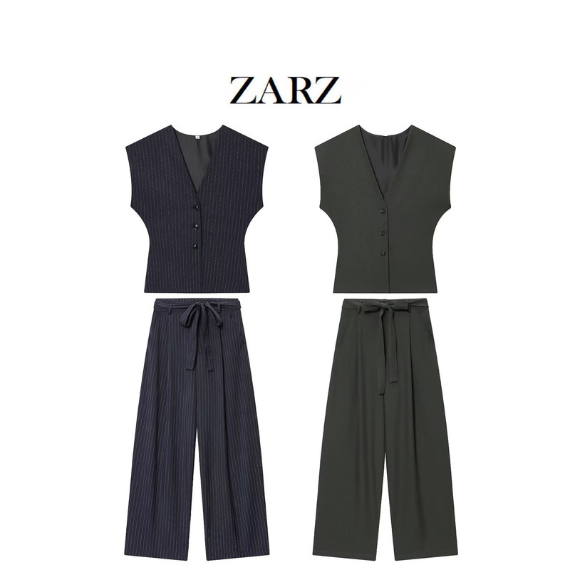Zarz Self-Made European and American Style New Women's Clothing V-Neck Wide-Sleeve Fine Striped Vest High-Waisted Pleated Pants with Belt