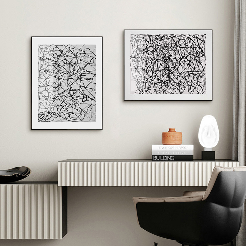 北欧简约现代抽象黑白线条艺术黑白灰客厅海报壁画装饰画图片画芯