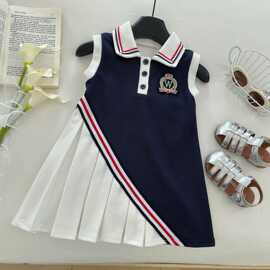 女童连衣裙夏季学院风2026年新款小女孩背心裙拼色Polo领无袖童裙
